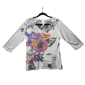 California Bloom Artsy Floral Graphic Top Stud Detail 3/4 Sleeve Gray Size L